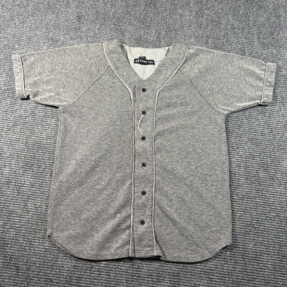 Hang Ten Mens Small Gray Striped Button Up Baseball Jersey Shirt Short Sleeve